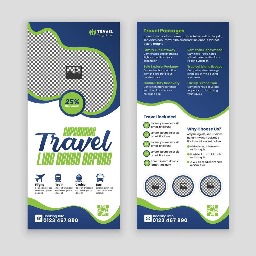 Premium Double-sided Travel Agency Rack Card and DL Flyer Template. Ideal for showcasing your services and tour packages in a stylish, professional layout for maximum impact vector
