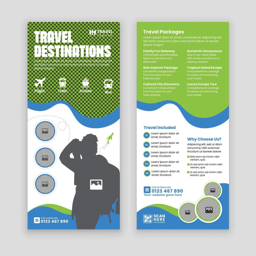 Double-sided Travel Agency Rack Card and DL Flyer Design Template. A sleek, professional design to highlight your services, tours, and travel packages. Customizable and eye-catching. vector