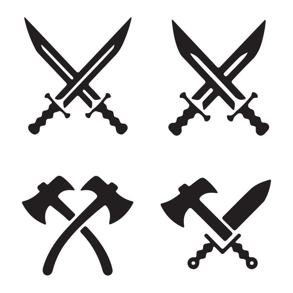 Crossed swords and axes silhouette graphic set vector