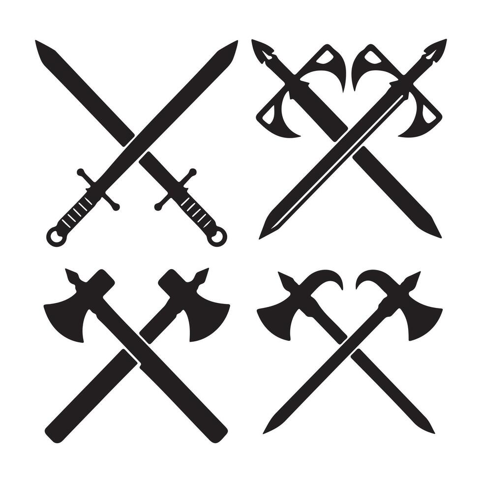 Crossed medieval swords and axes silhouette design vector