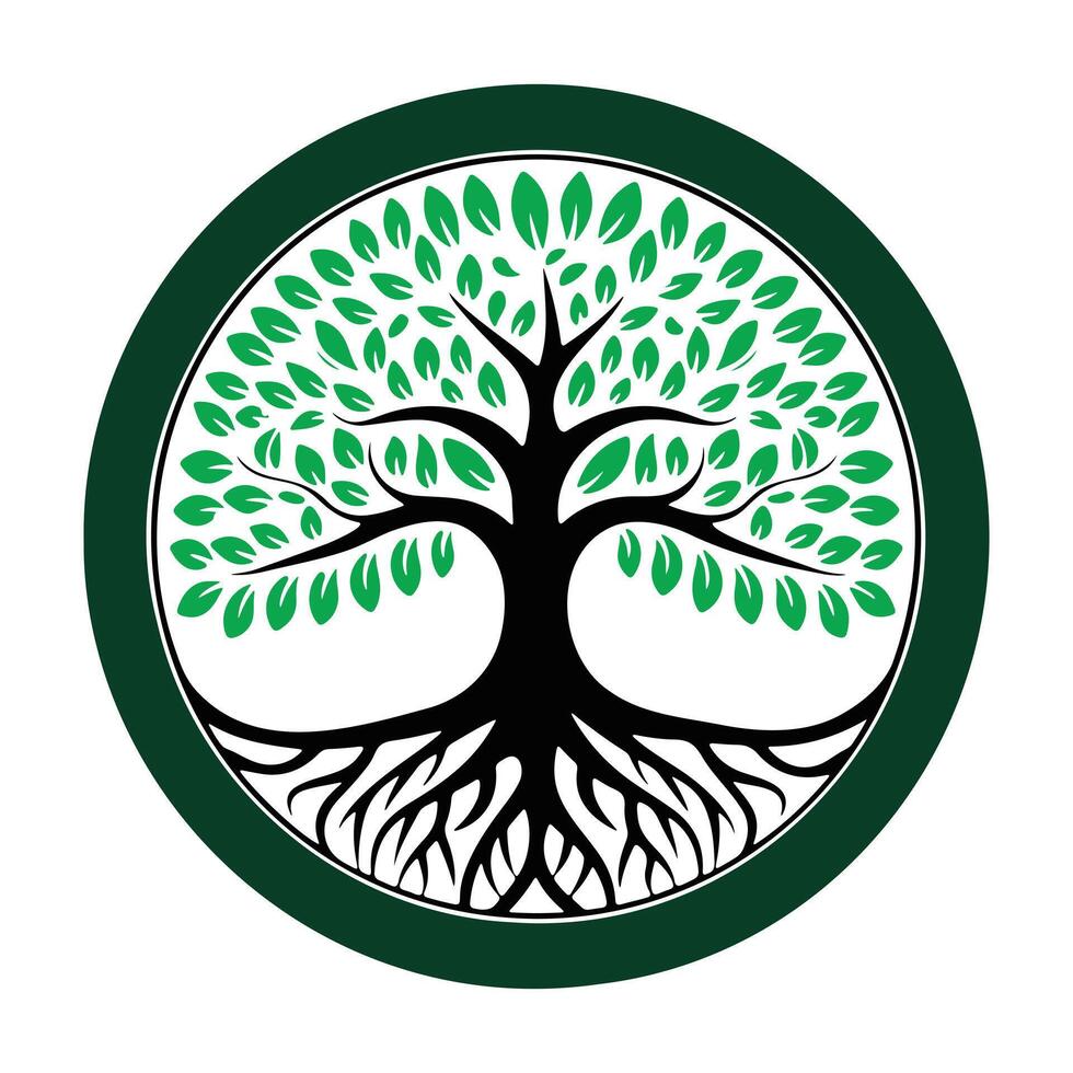 a green tree with roots in a circle vector