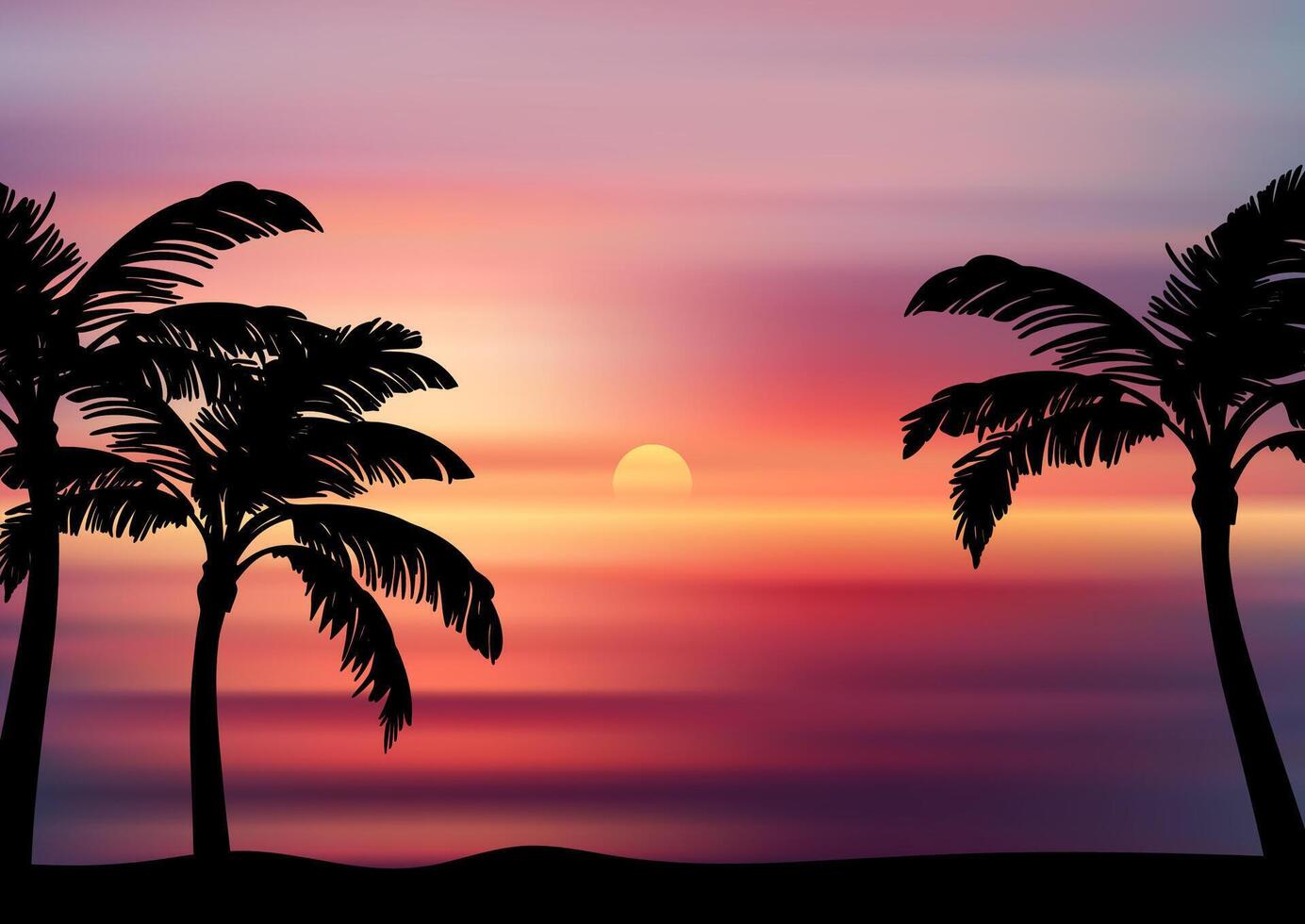 Sunset landscape with palm trees silhouetted in the foreground vector