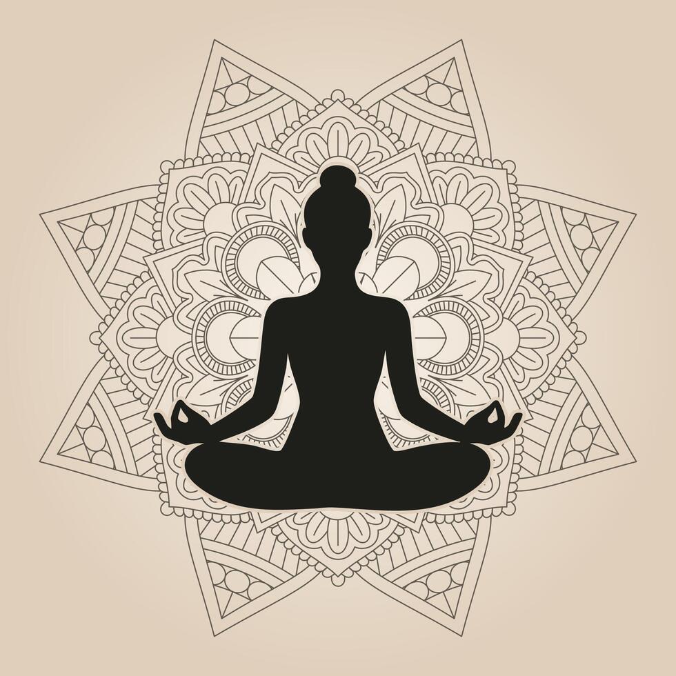 International Yoga Day background with female in yoga pose on mandala design vector