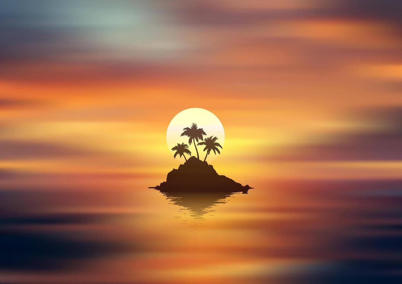 Silhouette of a palm tree island against sunset ocean and sky vector