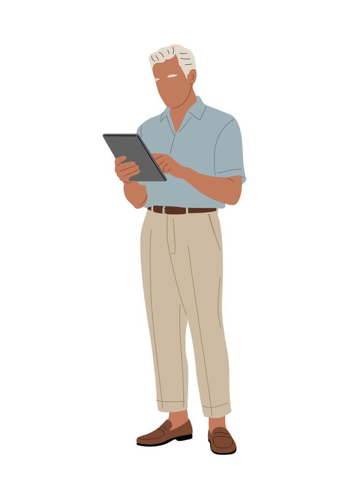Elderly man in casual summer outfit using tablet vector