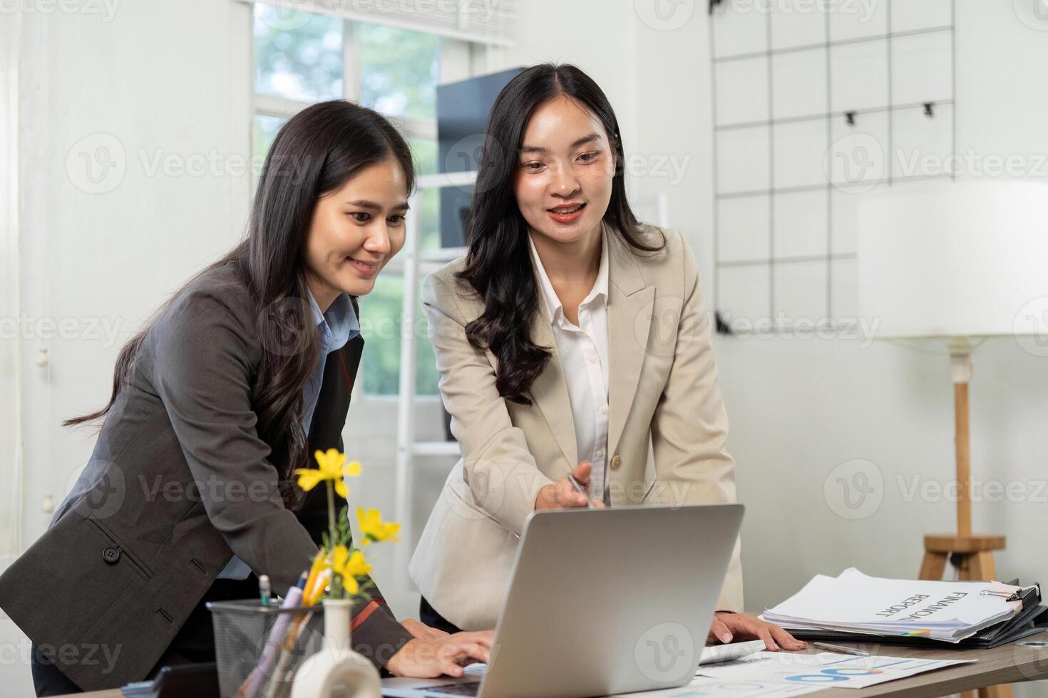 Business Collaboration and Teamwork. Two professionals discussing project data on a laptop. photo