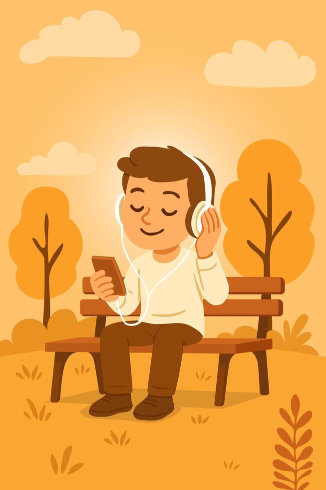 A man relaxing in a park with a warm evening atmosphere, a young man listening to music through headphones on his smartphone with a relaxed feeling. Vertical cartoon illustration. vector
