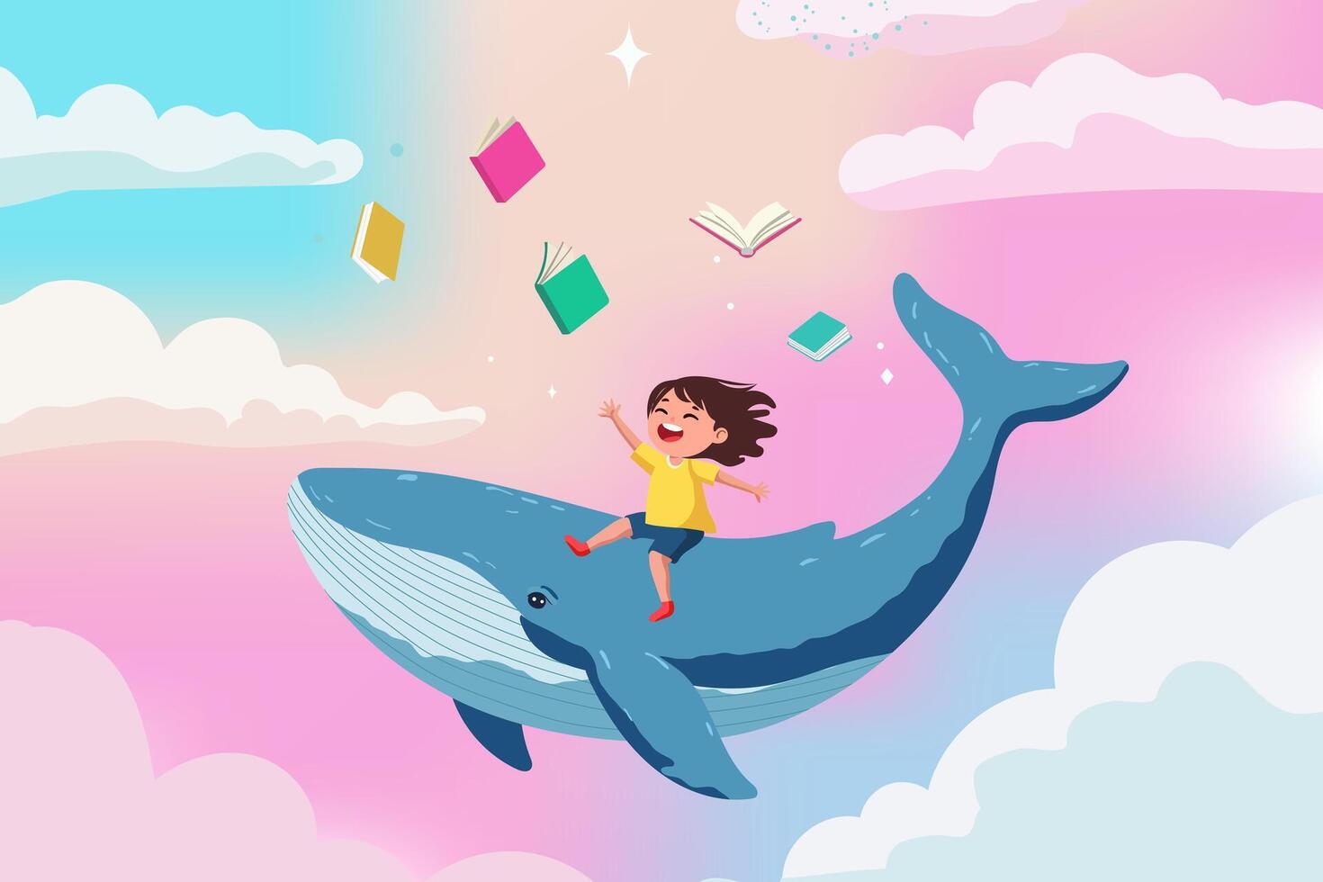 A happy girl is sitting on the back of a blue whale swimming through the colorful sky and fluffy clouds happily chasing books and knowledge. vector