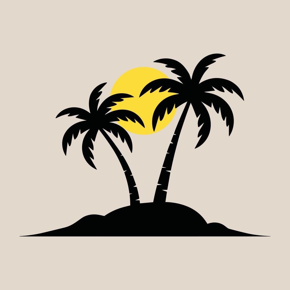 Tropical island silhouette with setting sun graphic vector