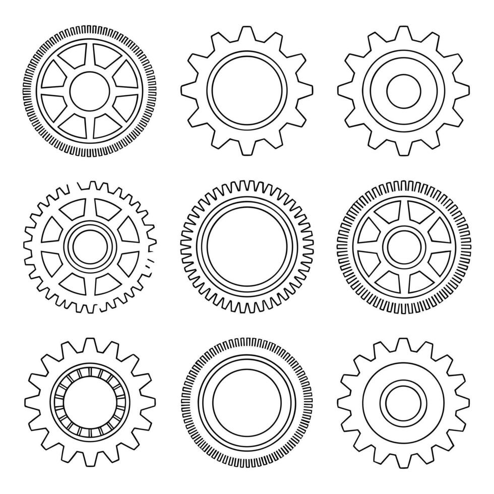 Nine outline gear illustrations mechanical engineering vector