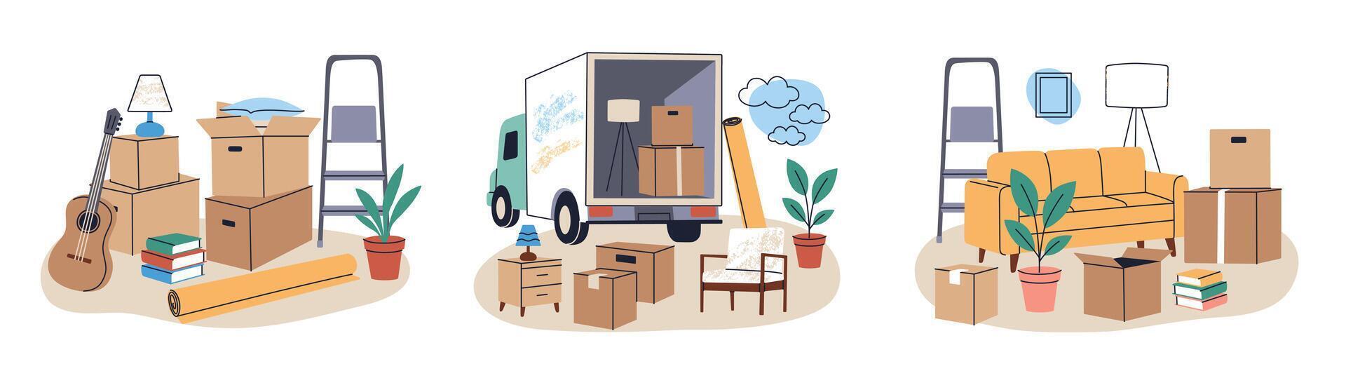 Flat cartoon set of moving scenes with boxes, furniture, and household items. Relocation process illustrations, new home concept, organization, transportation, lifestyle change compositions vector