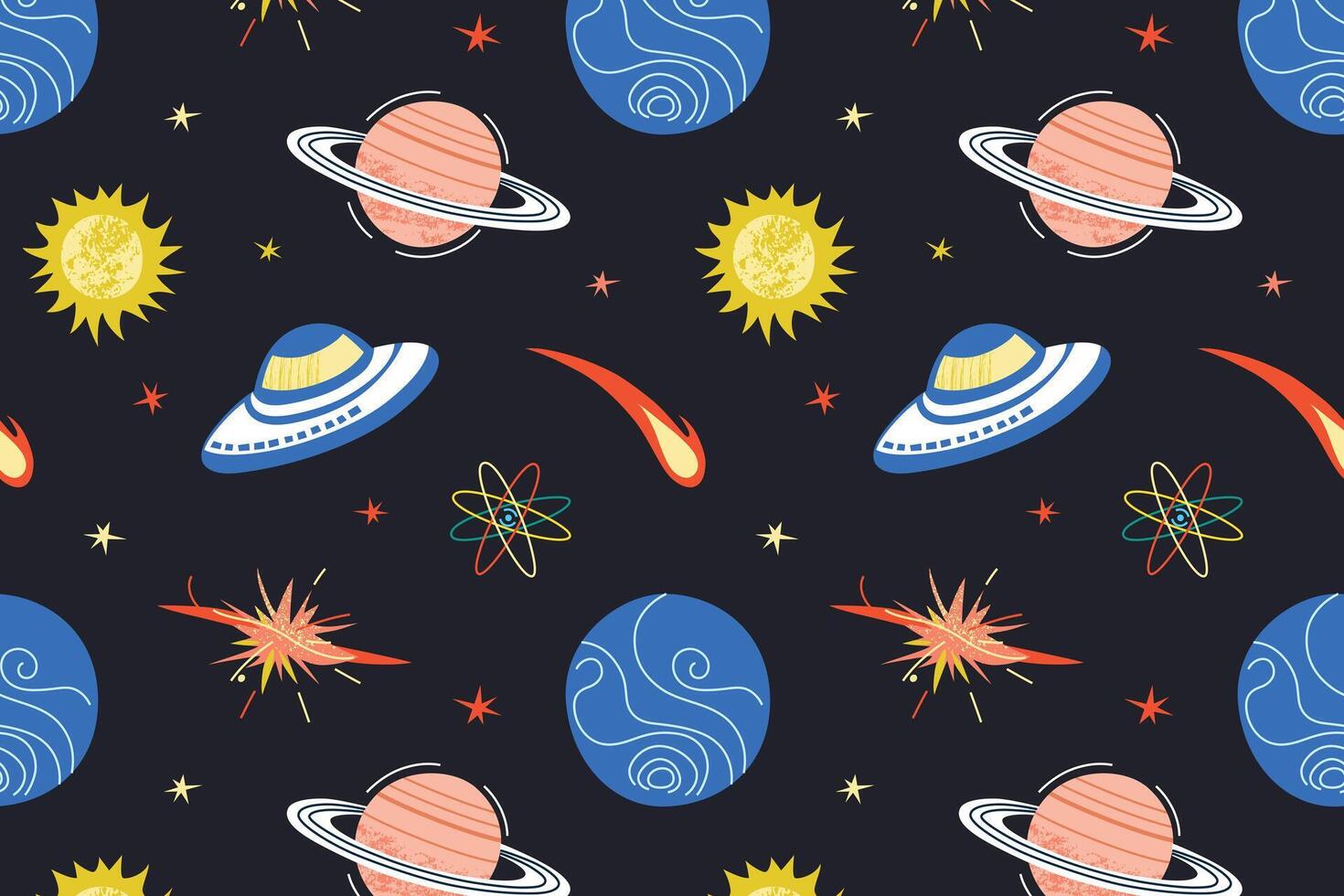 Flat cartoon pattern of outer space in childish style. Planets, stars, UFO and meteors illustrations on dark background, astronomy, imagination, discovery, universe exploration, fantasy theme vector