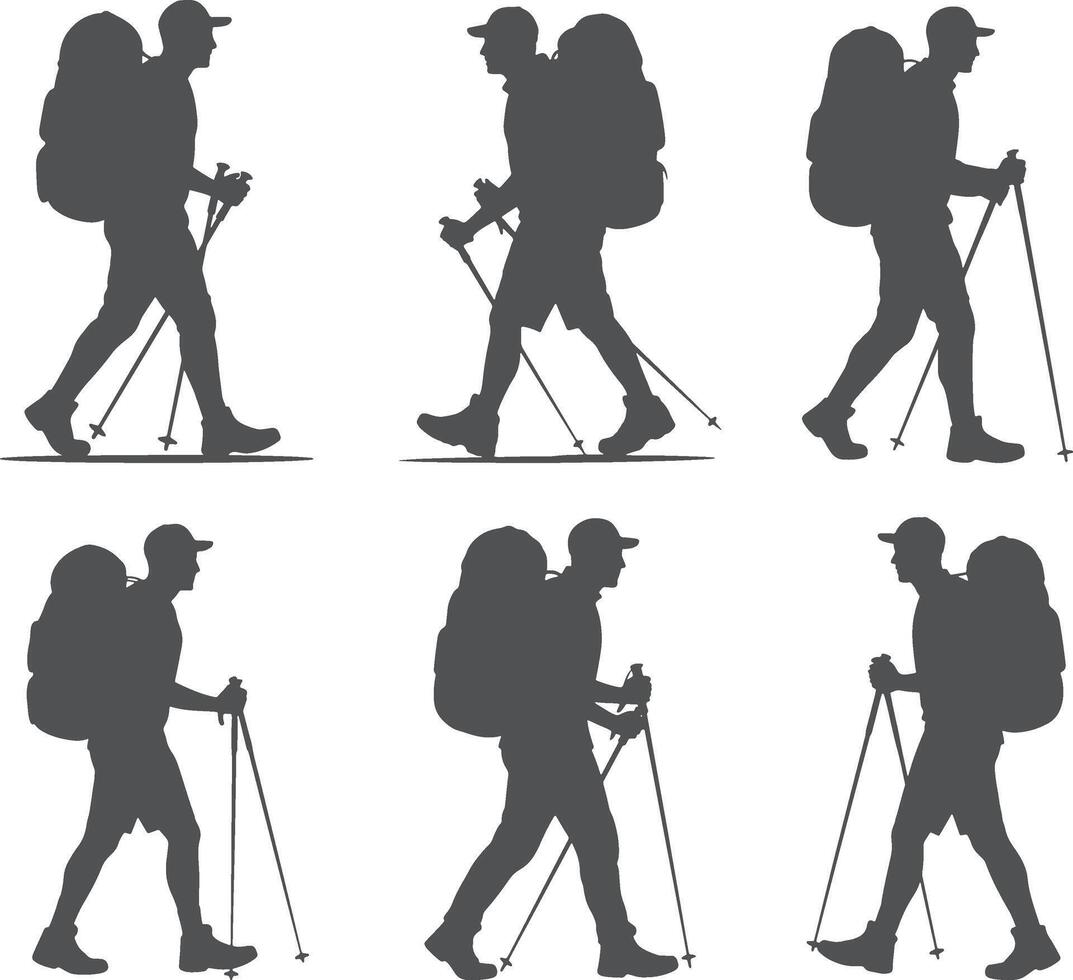Mountain Hiking Silhouettes of travelers with backpacks and sticks set. hiking, trekking, climbing backpacking Outdoor Adventure Illustration vector