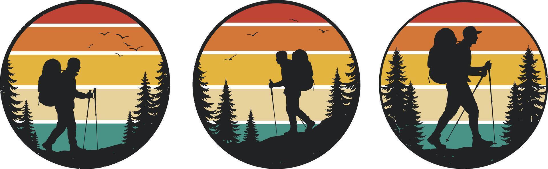 Sunset Style Hiking Silhouette Vintage Graphics Artwork Set For T-shirts, Mountain Climbing Adventure Illustration Design vector