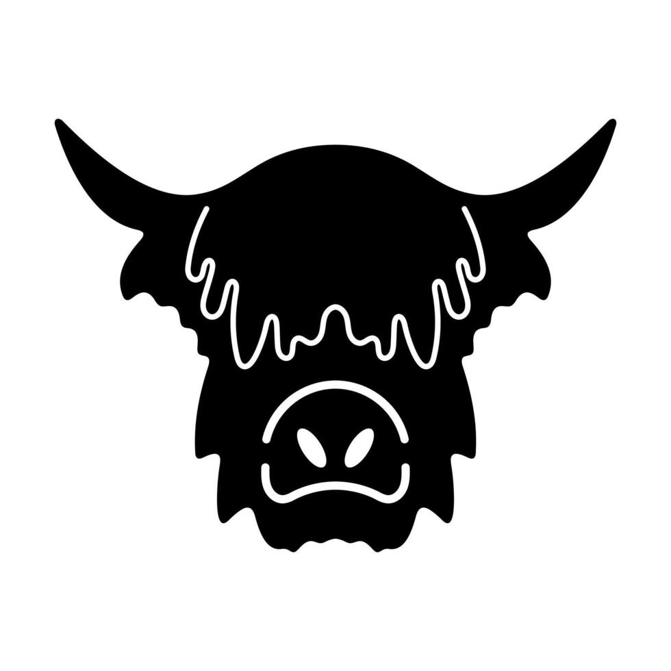 Highland Cow Head Silhouette. A highland cows head, instantly recognizable by its shaggy fringe, broad nose and long, upward curved horns. vector