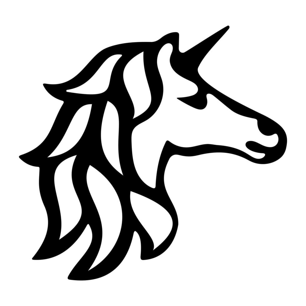 Stylized Black and White Unicorn Head Silhouette. A black and white illustration of a stylized unicorn head in profile view. vector