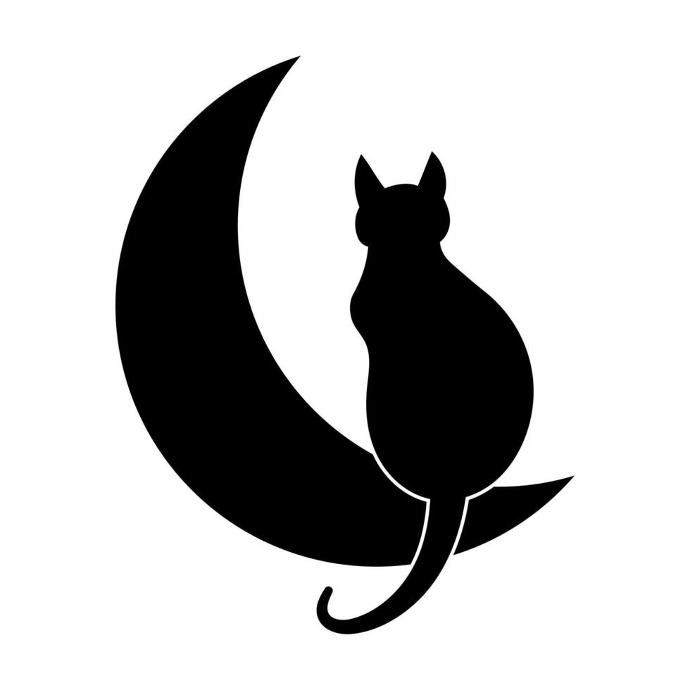 Silhouette of a Cat Sitting on a Crescent Moon Illustration. The minimalist black silhouette of a cat gracefully perched on a crescent moon. vector