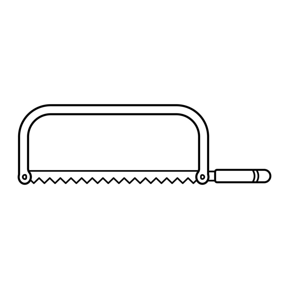 Hand Saw for metal Outline Illustration. The saw has a straight serrated blade, with a rectangular frame and a rounded handle for grip. vector