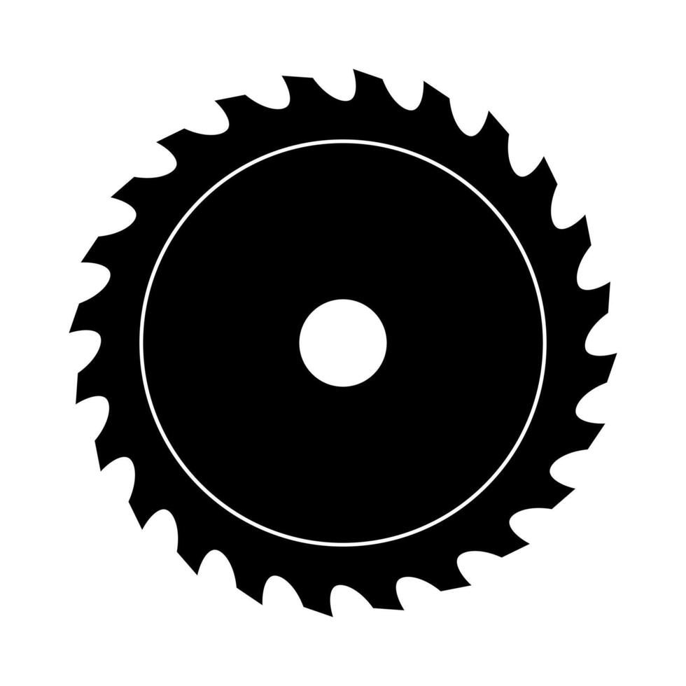 Circular Saw Blade Silhouette . The blade features sharp, evenly spaced teeth around its perimeter and two concentric circles in the center. vector