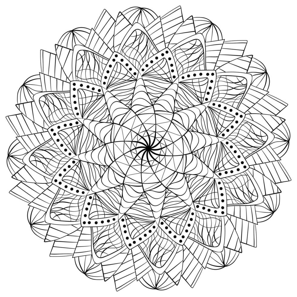 Fantasy doodle mandala with web petals, meditative coloring page for activity and design vector