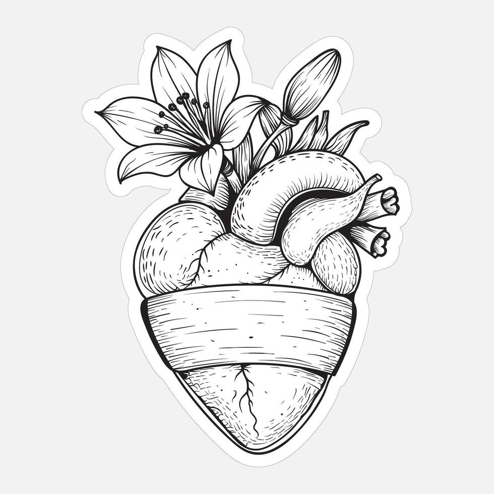 Healing Takes Time, Hand-Drawn Anatomical Heart with Blooming Flowers vector