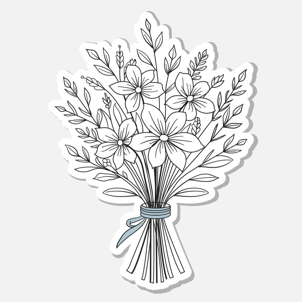 Hand-Drawn Wildflower Bouquet Sticker Botanical Line Art Illustration with Ribbon Bow vector