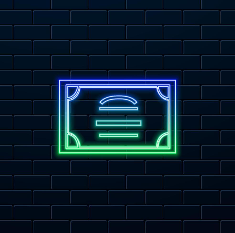 Diploma, certificate icon. neon style.Educational illustration element. Signs and symbols can be used for web, logo, mobile app, UI, UX vector