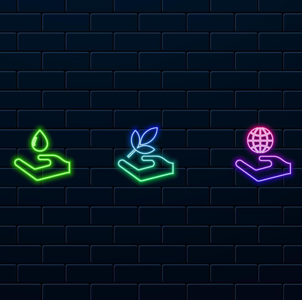neon style.leaf in hand, symbol of human responsibility and care for nature, hand holding planet earth.hand with water. Save water and help for poor and homeless color icon. sign for ecology. vector