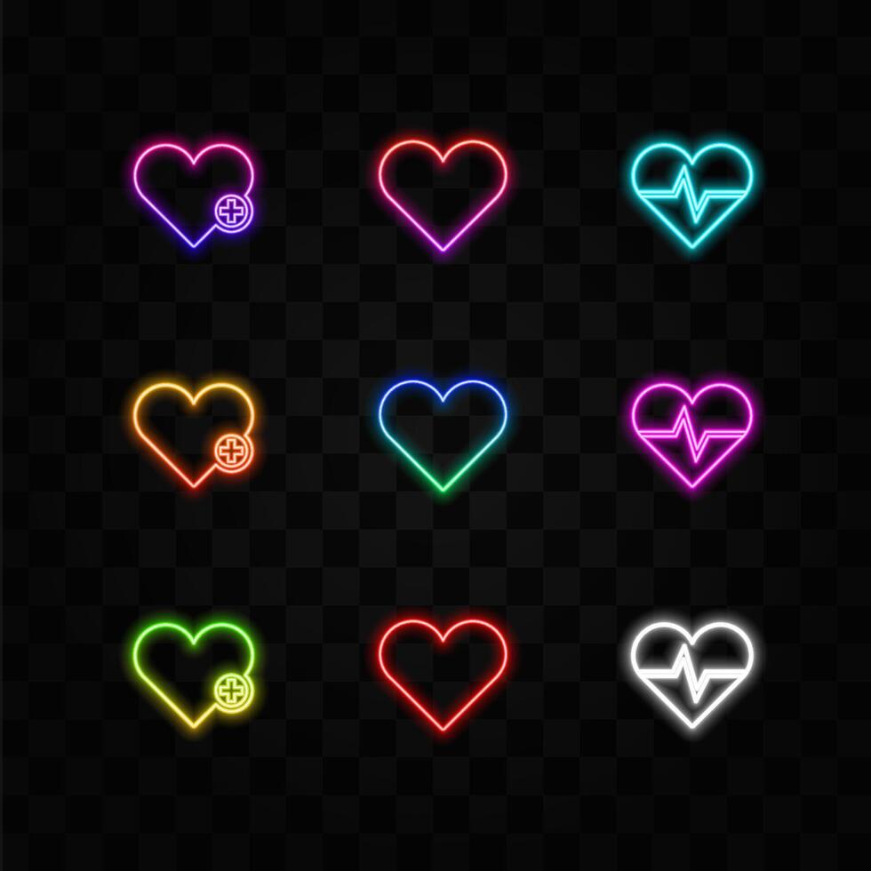 medical heart icon set isolated symbol. neon style. Healthcare black glyph icon. Medical social services. Health system. Disease prevention and management. Emergency medical help. vector