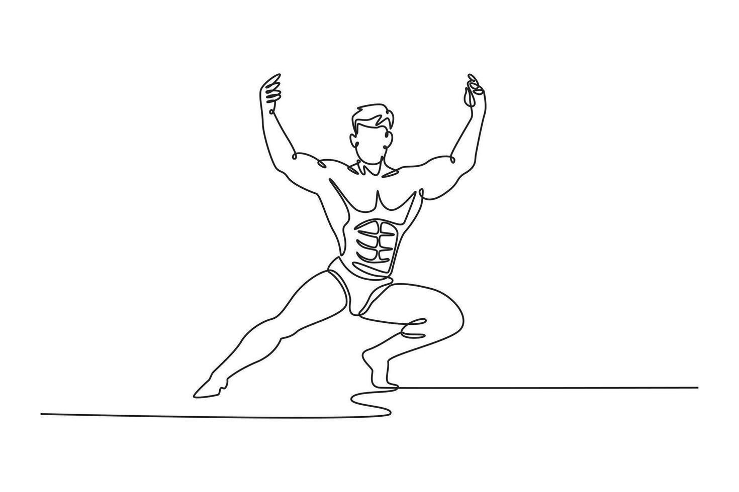 Continuous one line drawing undressed bodybuilder shows muscles of arms at competition. Muscular man showing off the pectoral muscles, abs and legs. Single line draw design graphic illustration vector