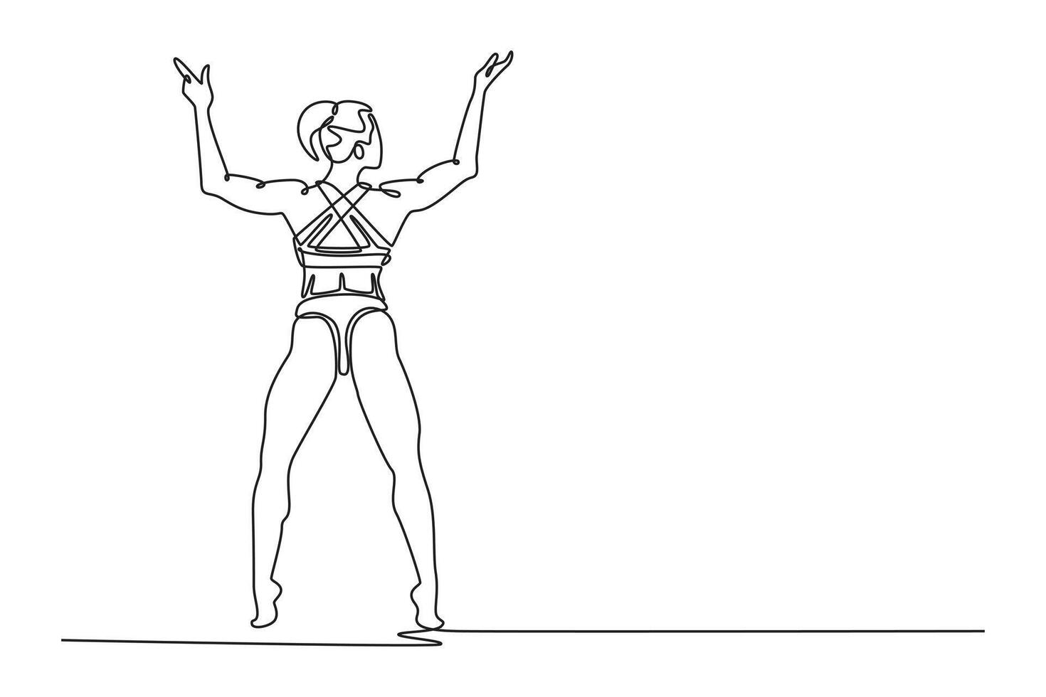 Single continuous line drawing muscular woman showing back muscles in gym. Attractive bodybuilder female in sportswear demonstrating body musculature. One line draw graphic design illustration vector