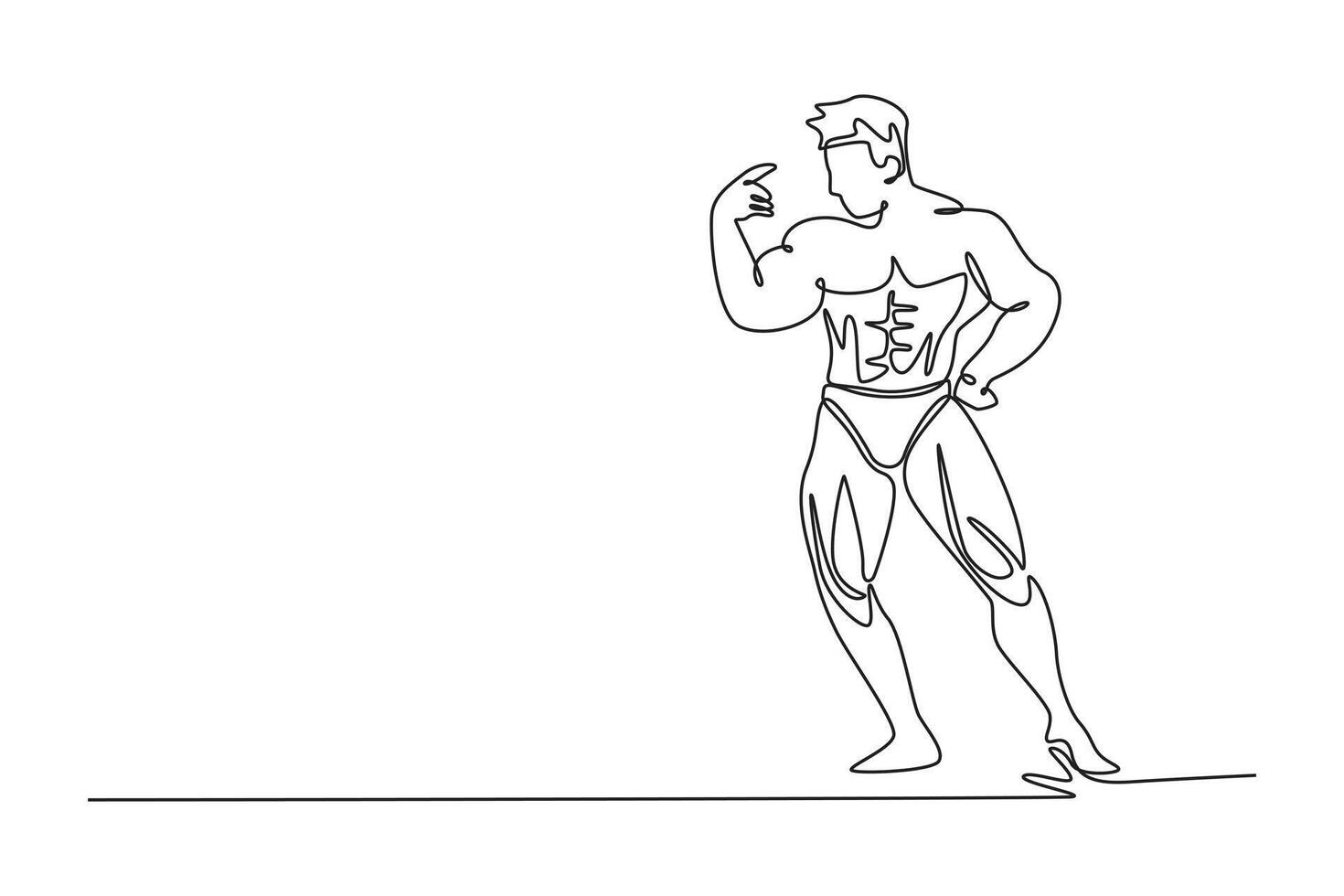 Continuous one line drawing bodybuilder athlete with his right arm bent at elbow demonstrates biceps in fitness gym. Bodybuilding, sports, strength. Single line draw design graphic illustration vector
