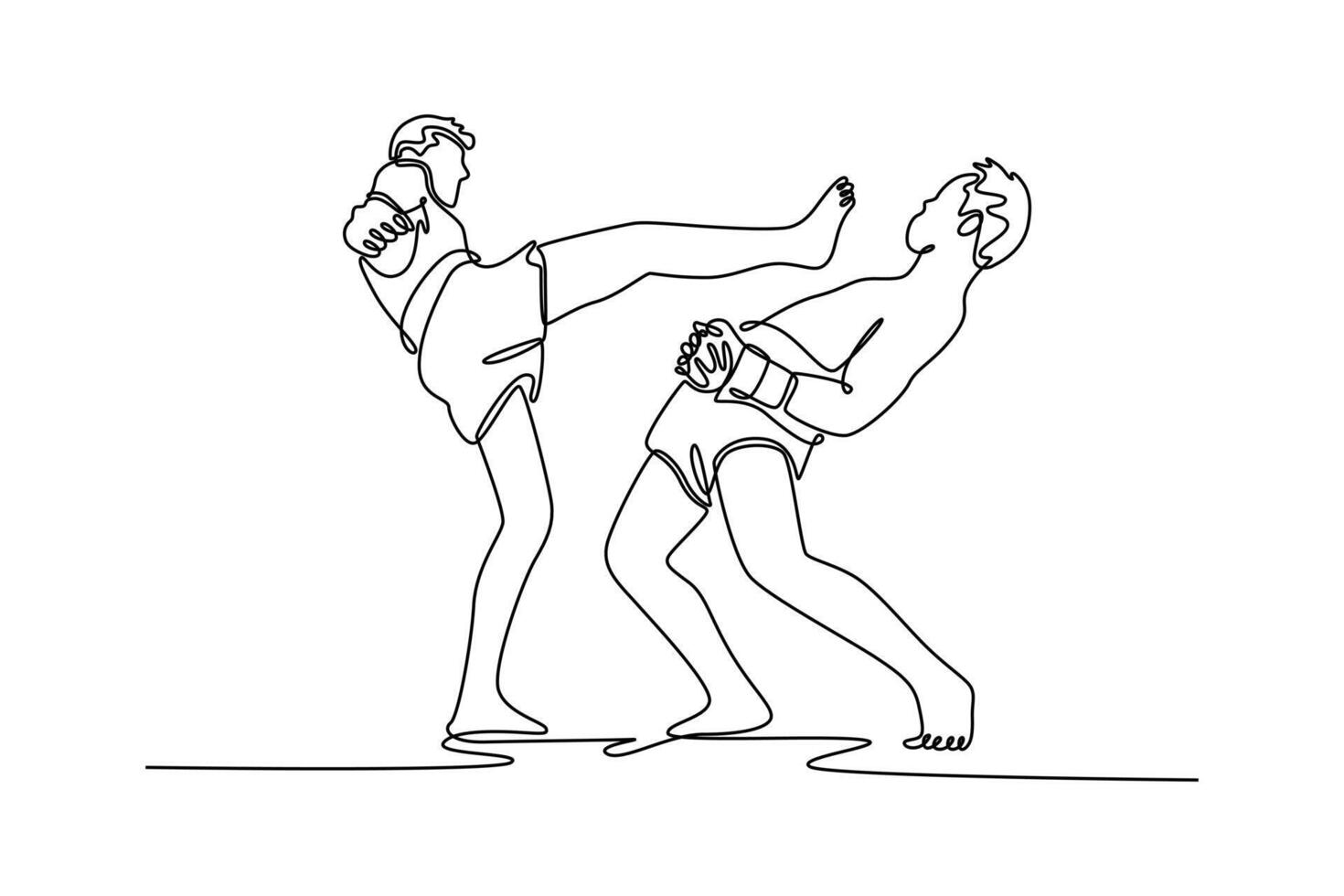 Continuous one line drawing two men boxer fighting muay thai kickboxing high kick technique. Healthy lifestyle, hobby, fitness workout, competition. Single line draw design graphic illustration vector