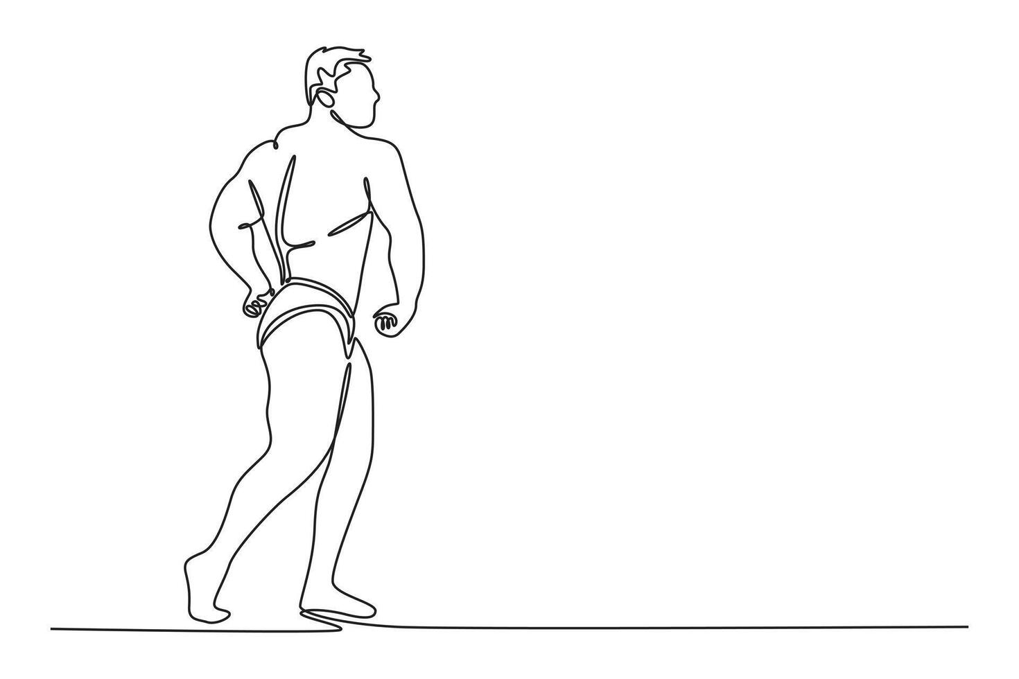 Single one line drawing professional bodybuilder male topless performing quarter turn pose. Bulked up sportsman demonstrating body musculature. Continuous line draw design graphic illustration vector