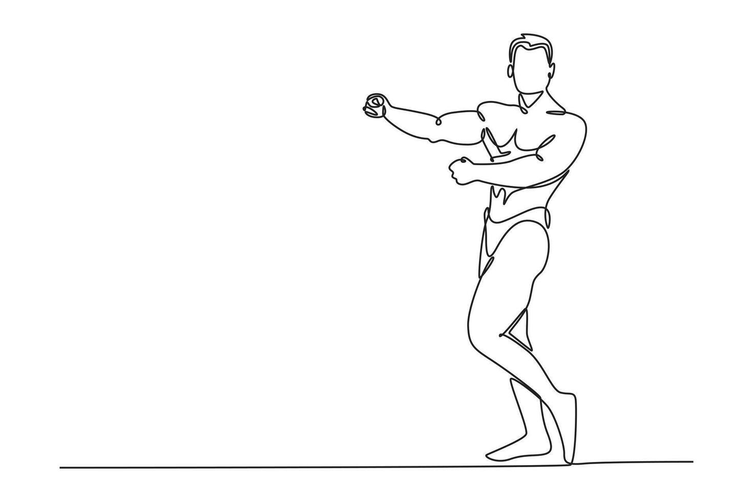 Continuous one line drawing young bodybuilder athlete demonstrates muscles. Muscles of the arms, chest and legs are visible. Classic bodybuilding. Single line draw design graphic illustration vector