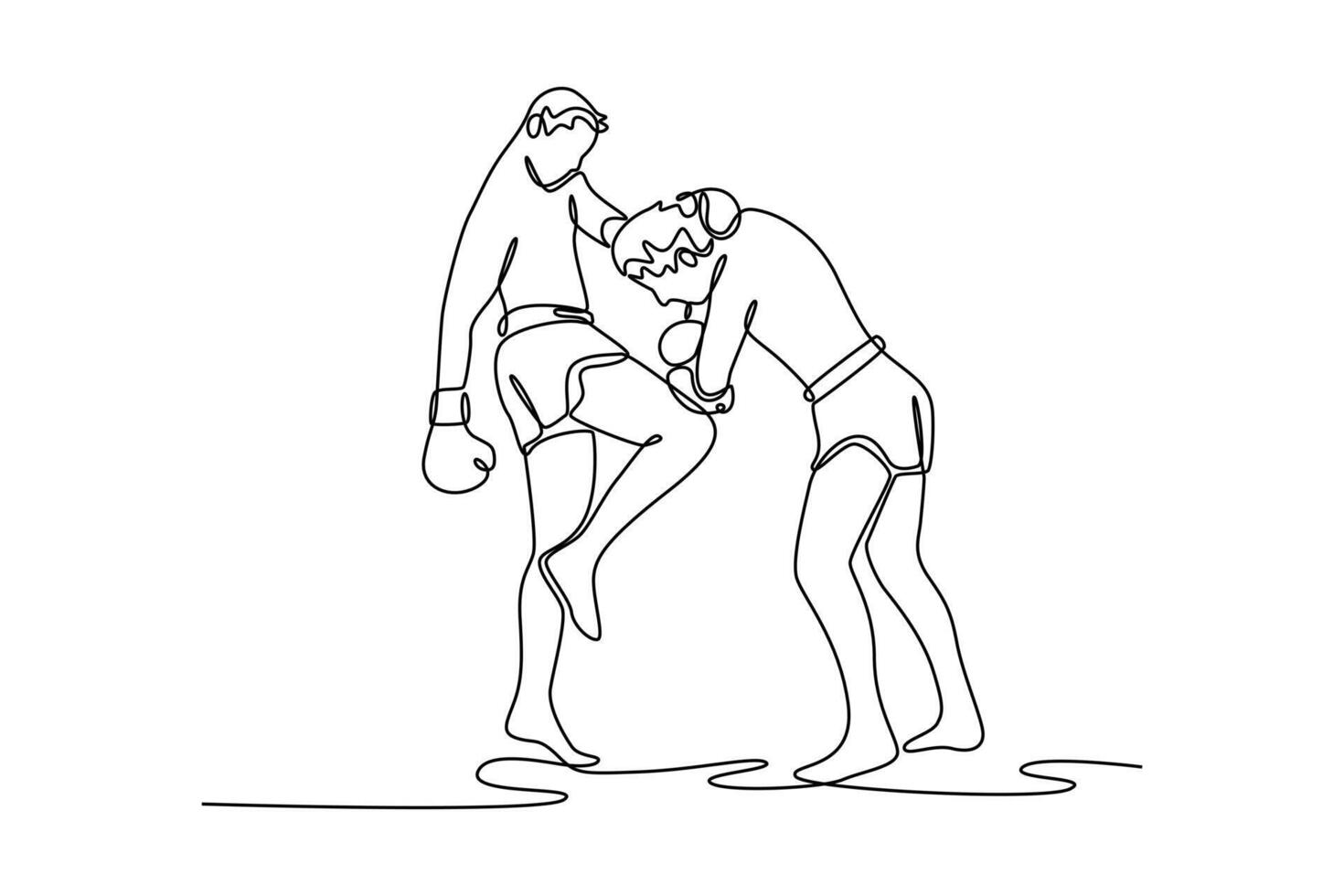Continuous one line drawing two Muay Thai fighters lock up in ring during match and one deliver powerful knee to mid section. Workout in sport club. Single line draw design graphic illustration vector