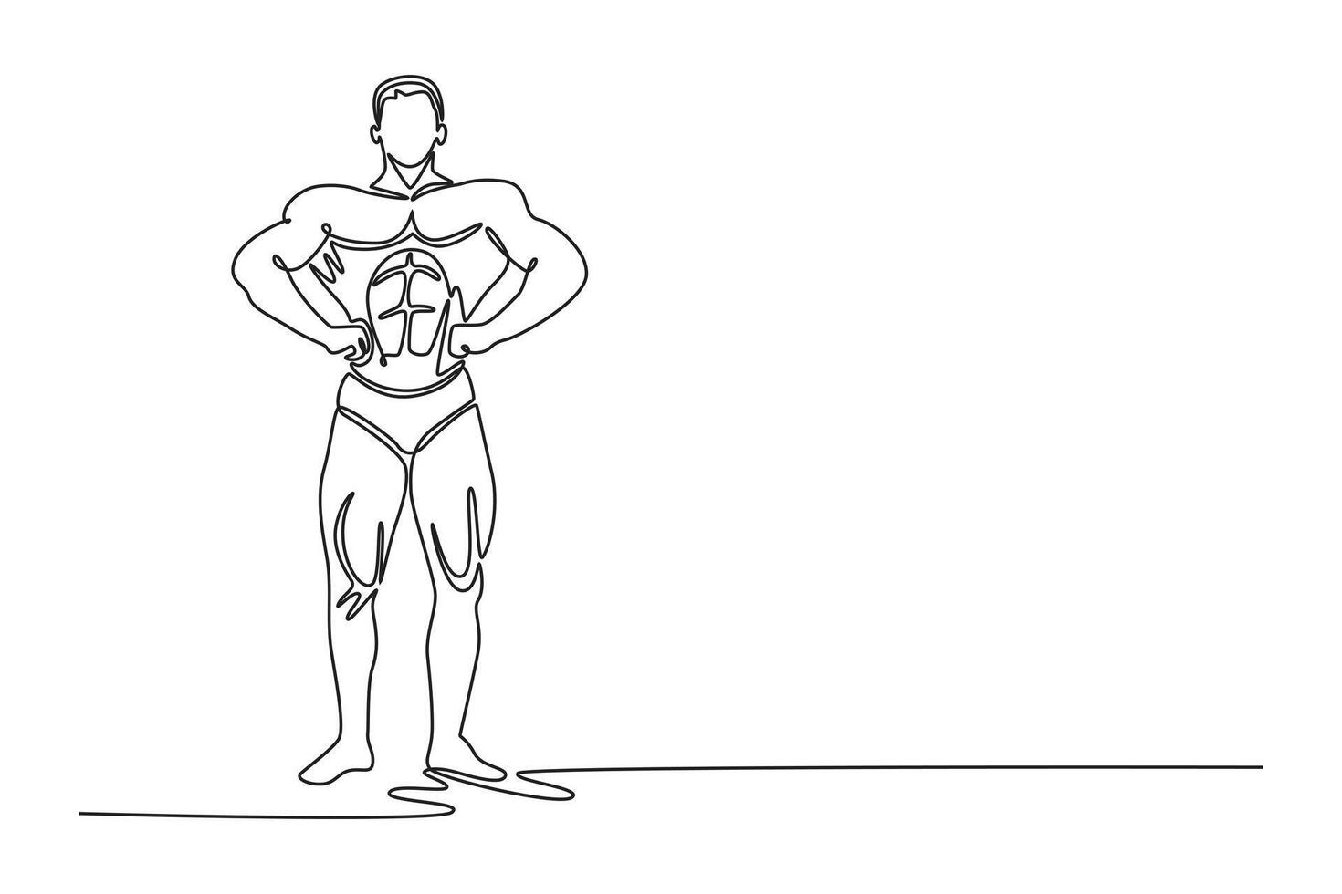 Single continuous line drawing bodybuilder with an ideal physique poses, showing off the pectoral muscles, abs and legs. Muscular man with naked torso. One line draw graphic design illustration vector