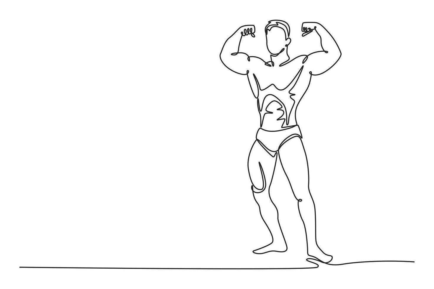 Single one line drawing professional male athlete in front double biceps pose in stage. Strong bodybuilder with arms up clenching fists. Modern continuous line draw design graphic illustration vector