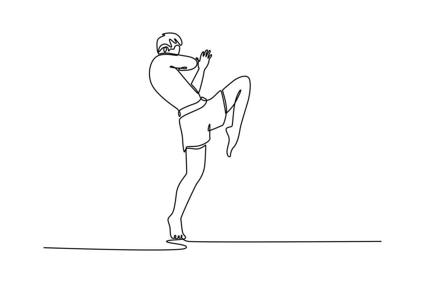 Single continuous line drawing attractive muay Thai male fighter practicing knee kick in gym. Kickboxing workout, training in martial arts in action. One line draw graphic design illustration vector