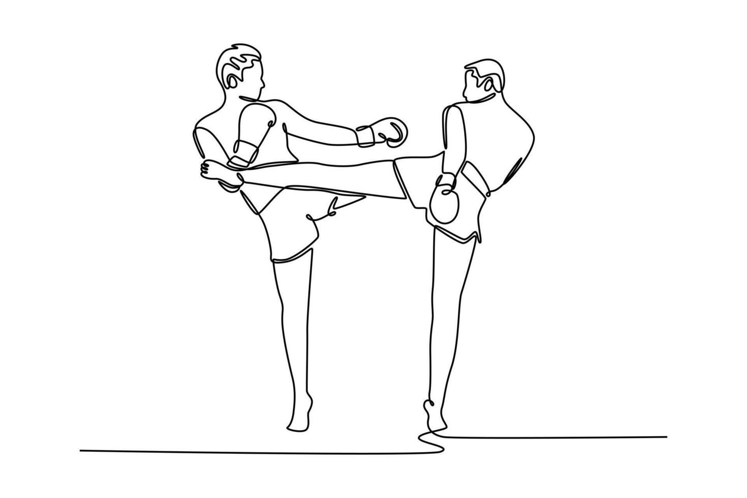 Continuous one line drawing two muay thai boxers exercising traditional martial art in gym or sports center. Healthy lifestyle, hobby, fitness workout. Single line design graphic illustration vector