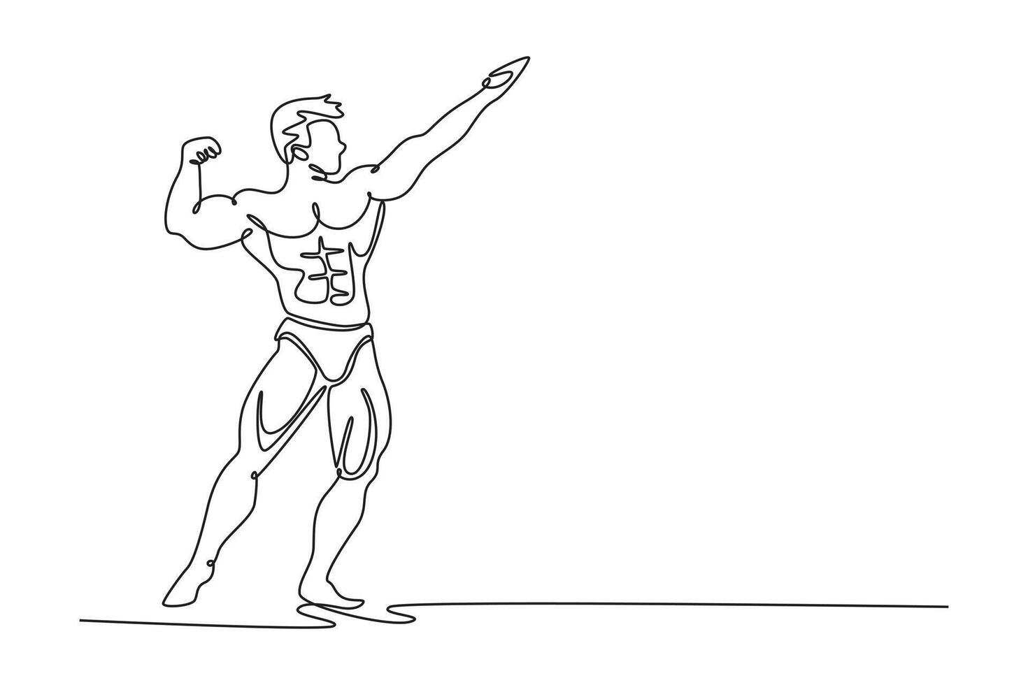 Single one line drawing topless strong bodybuilder in archer pose. Powerful sportsman posing with arm clenching fist. Sports, strength, bodybuilding. Continuous line design graphic illustration vector