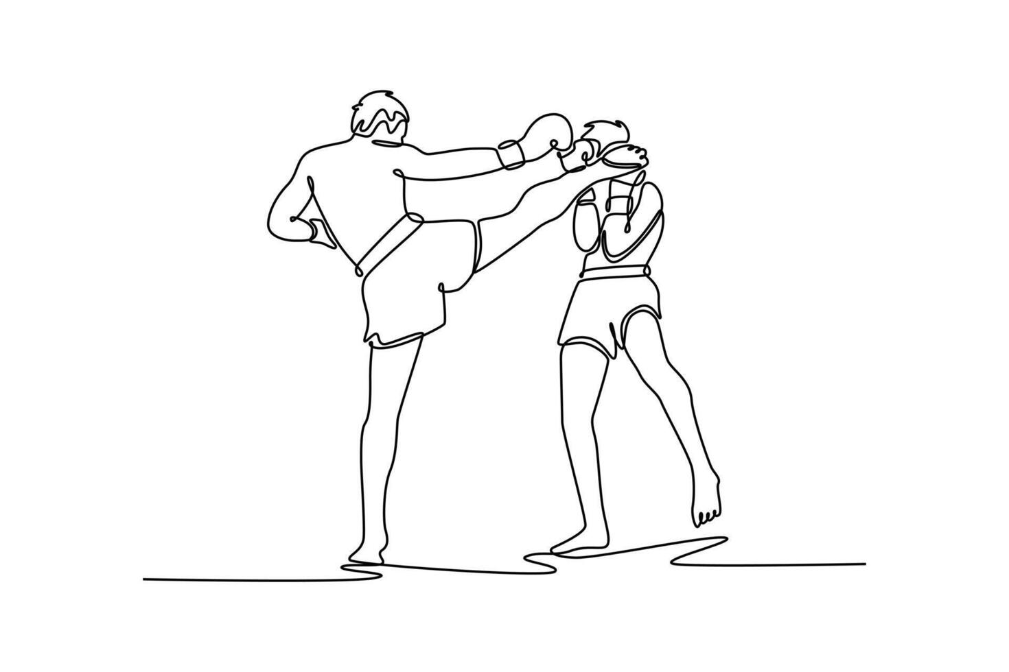 Continuous one line drawing two professional Muay Thai fighter training kickboxing, an exercise in sport hall, fight with sparring partner or coach. Single line draw design graphic illustration vector
