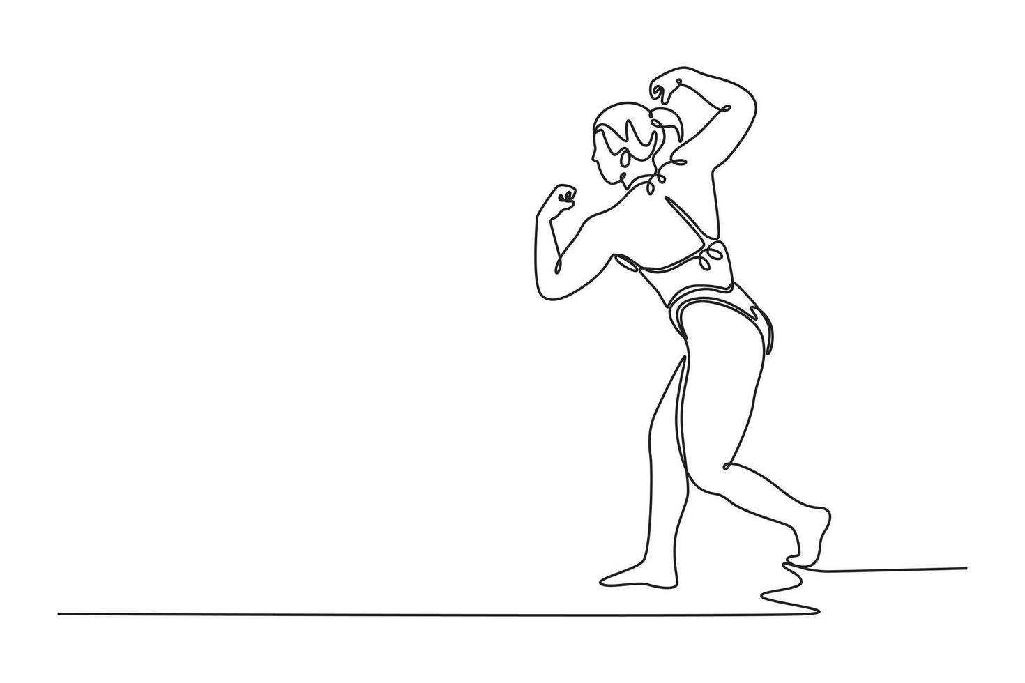 Single continuous line drawing woman bodybuilder showing back muscles at national bodybuilding competition. Strong woman with perfect abs, shoulders. One line draw graphic design illustration vector
