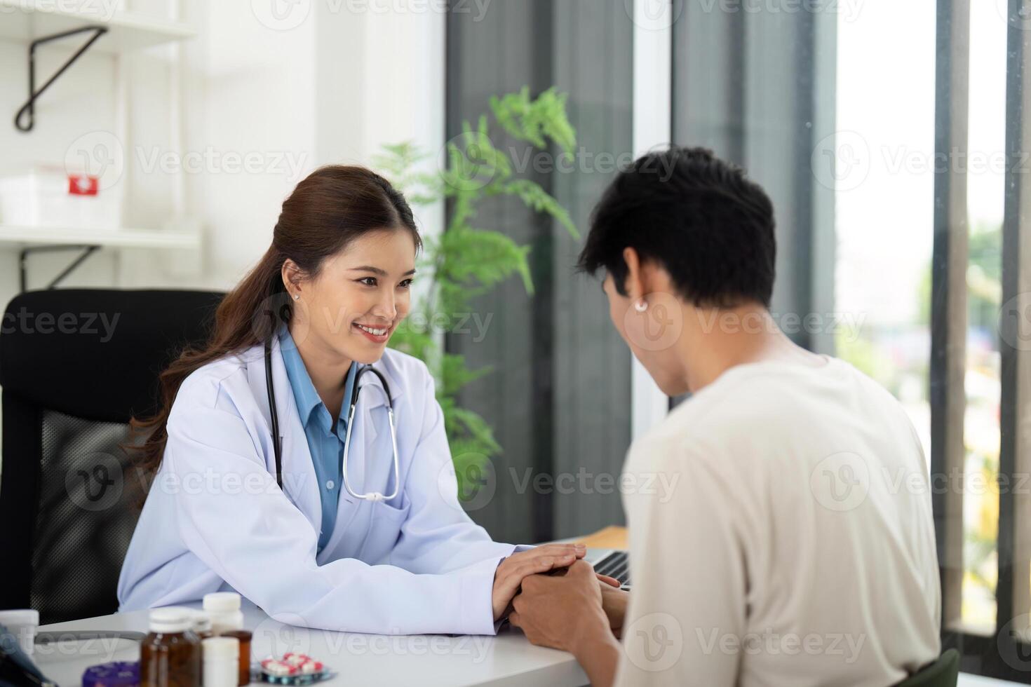 Friendly Consultation. A doctor smiling and engaging with a patient during a visit. photo