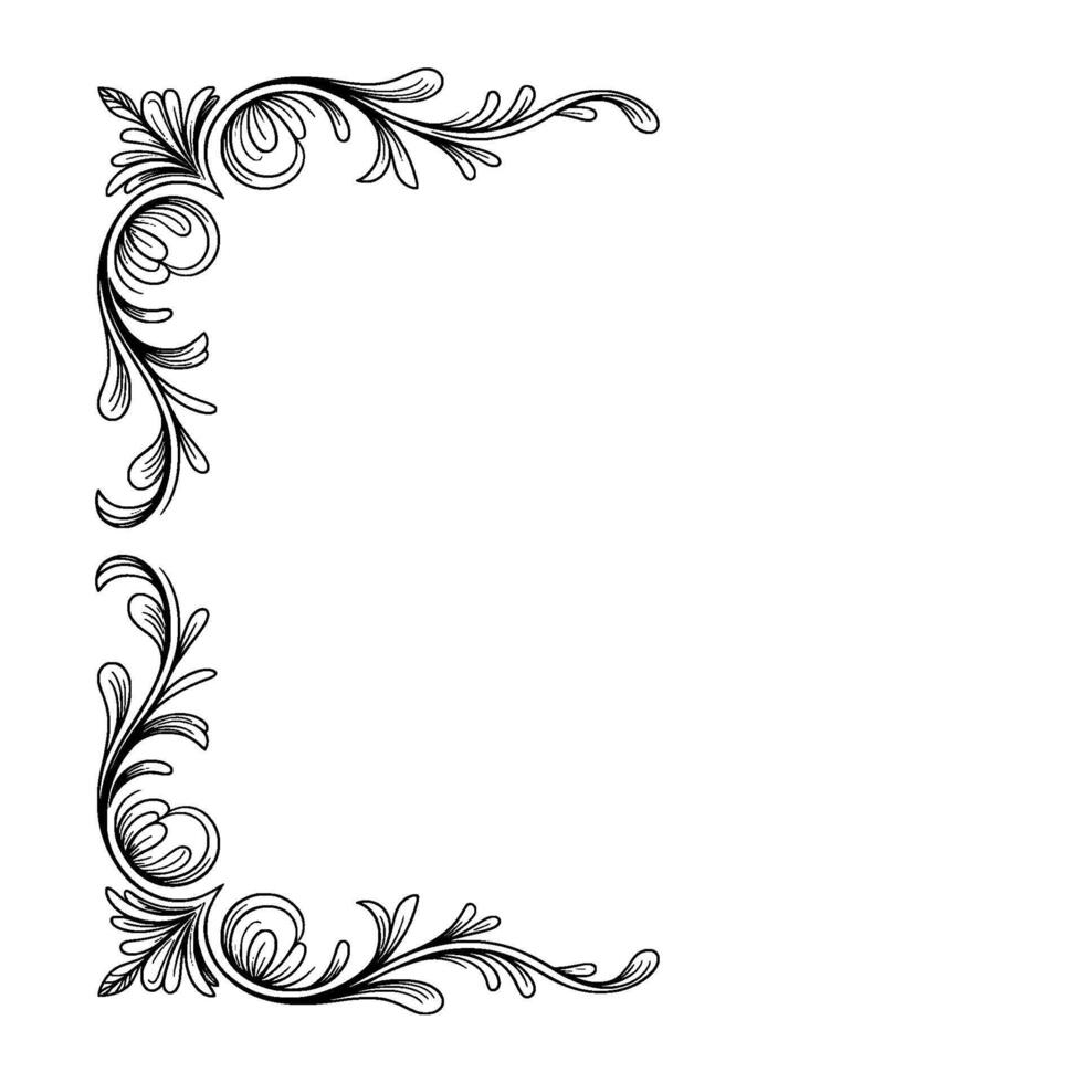 Elegant Floral Corner Frame, Black Line Art on White Background vector
