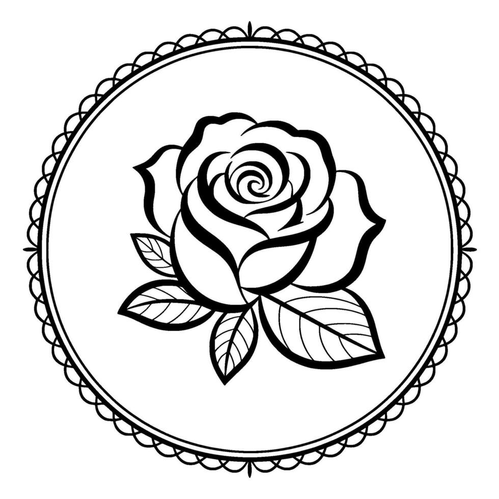 Elegant Rose Silhouette in Circular Frame, Black and White vector
