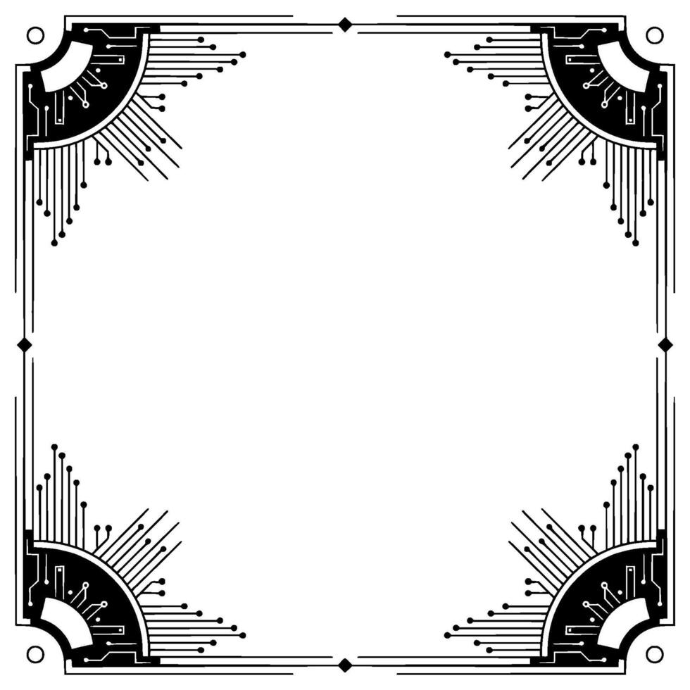 Deco Tech Frame Art Deco Circuit Board Border, Black and White vector