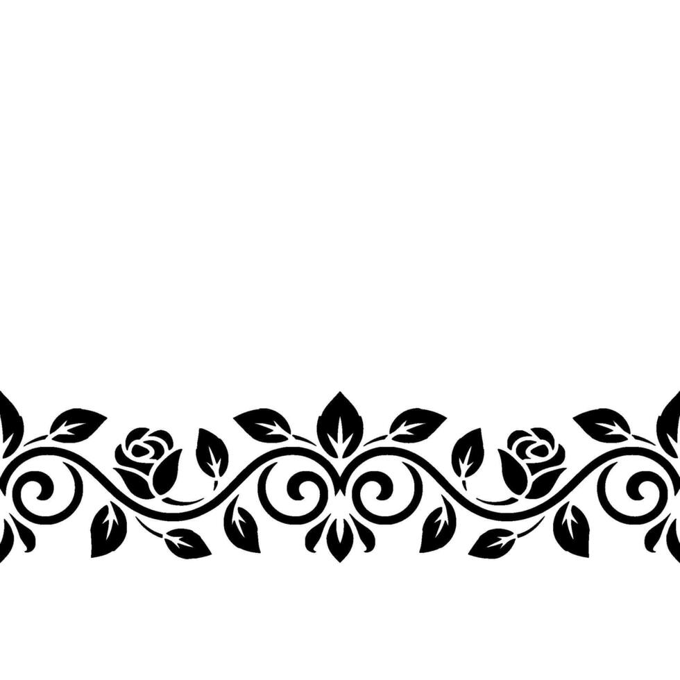 Elegant Black Floral Border Ornament, Repeating Rose Pattern on White vector