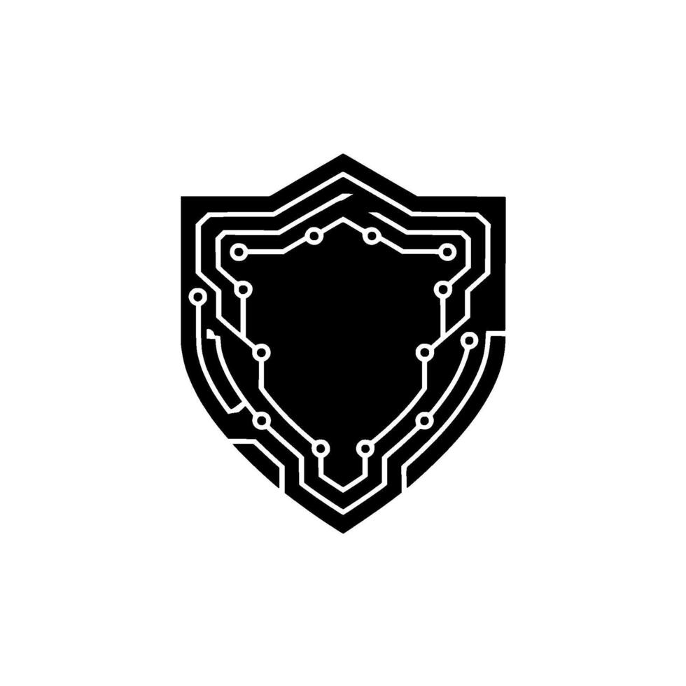 Cyber Security Shield Circuit Board , Black White, Minimalist vector