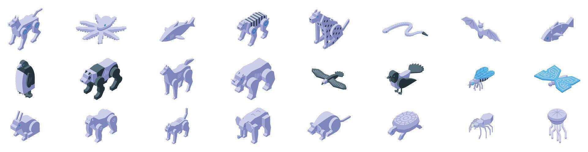 Mechanical animals icons set. Bio inspired robotics, exploring the future of animal like machines mimicking nature vector